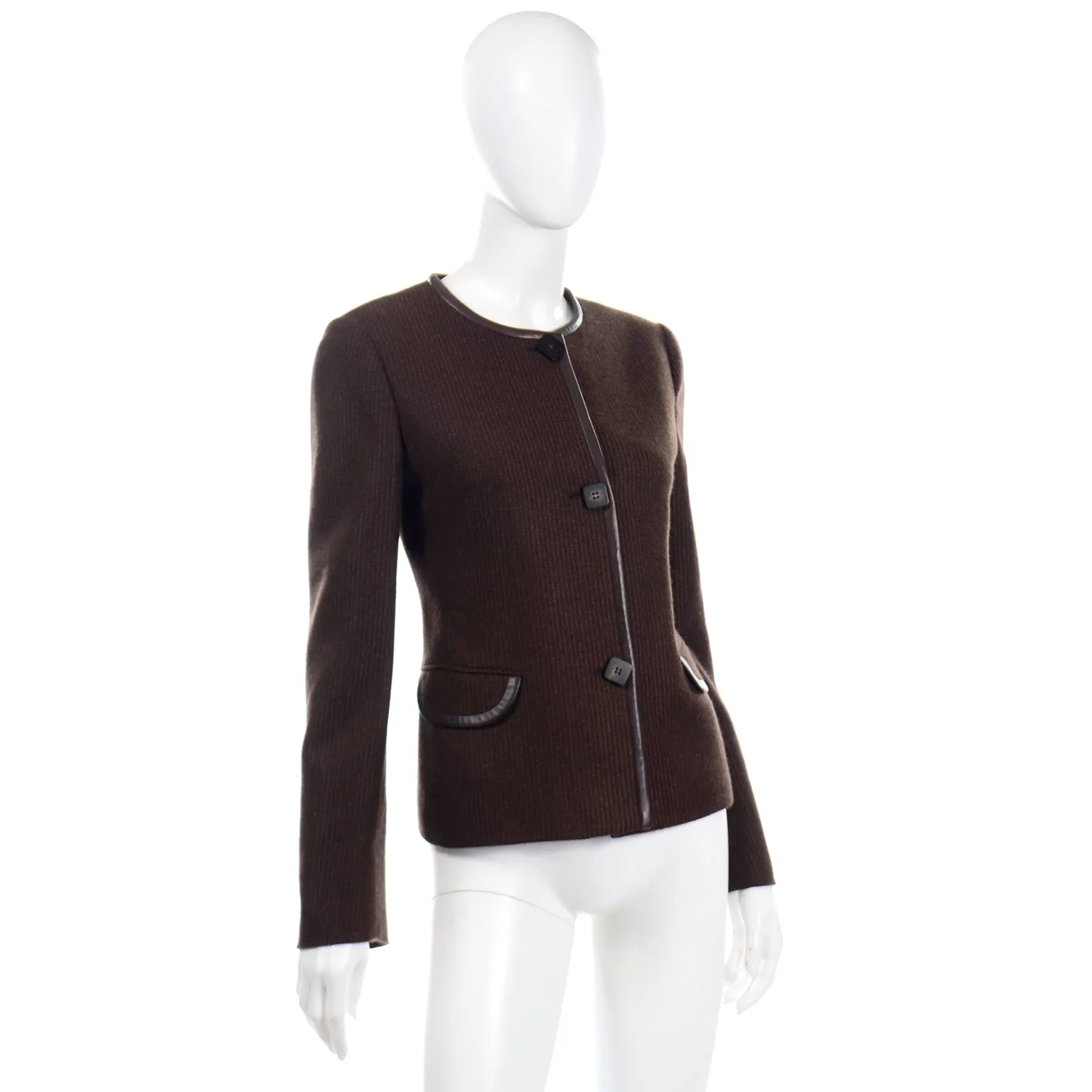 1990s Loro Piana Brown Cashmere Sweater Jacket With Leather Trim