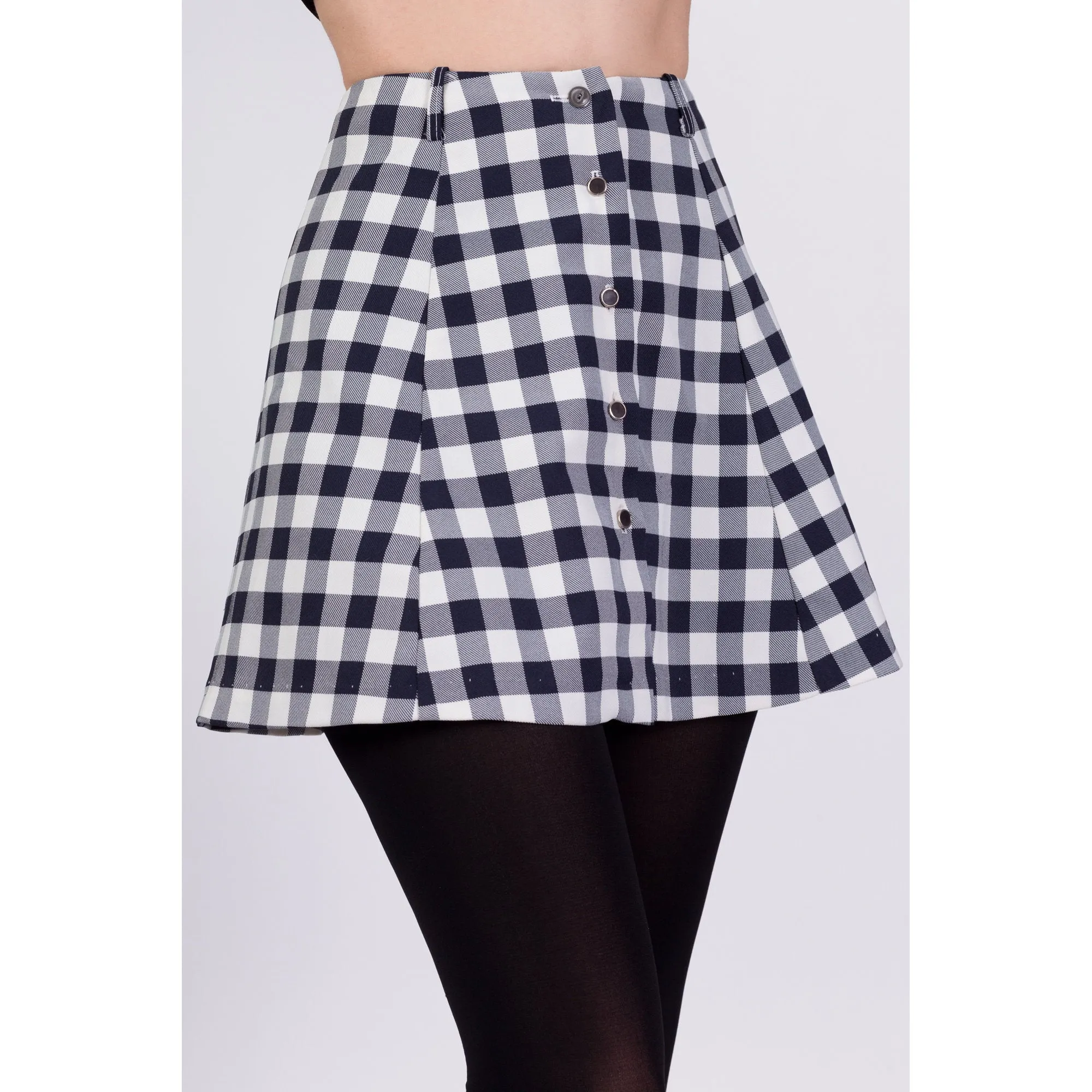 70s Gingham Button Front Mini Skirt - Extra Small, 23"