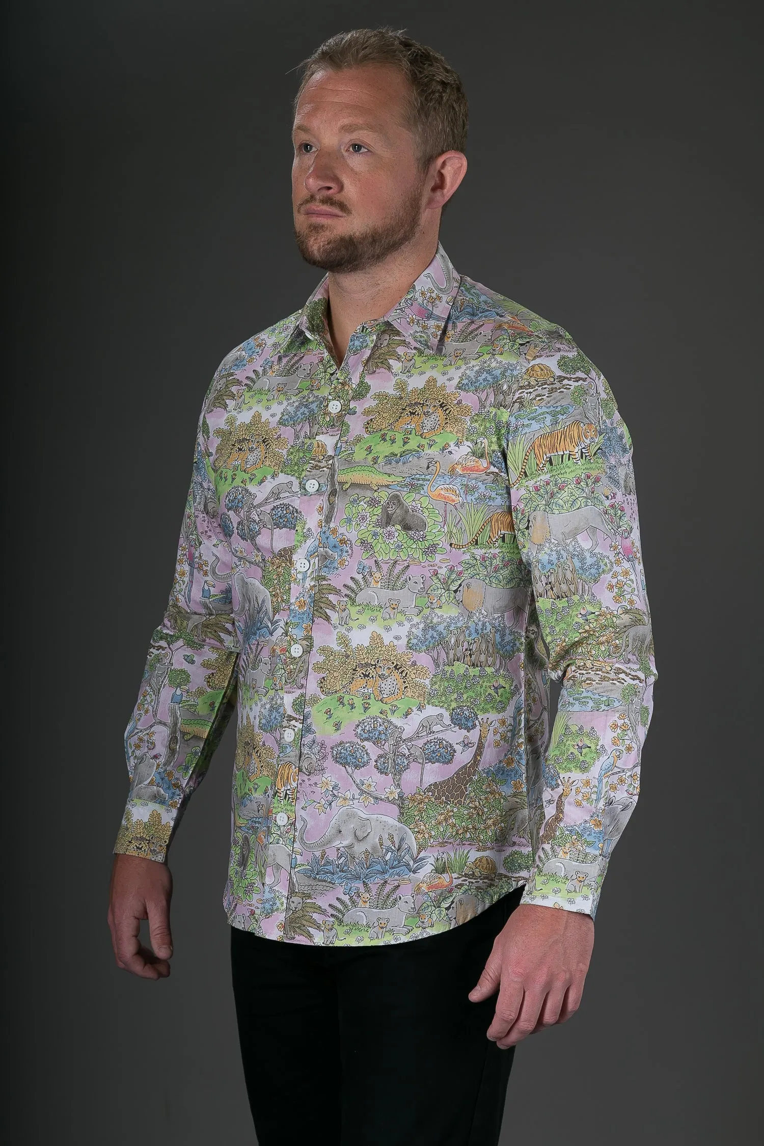 Animal Jungle Pink Print Cotton Slim Fit Mens Shirt Long Sleeve