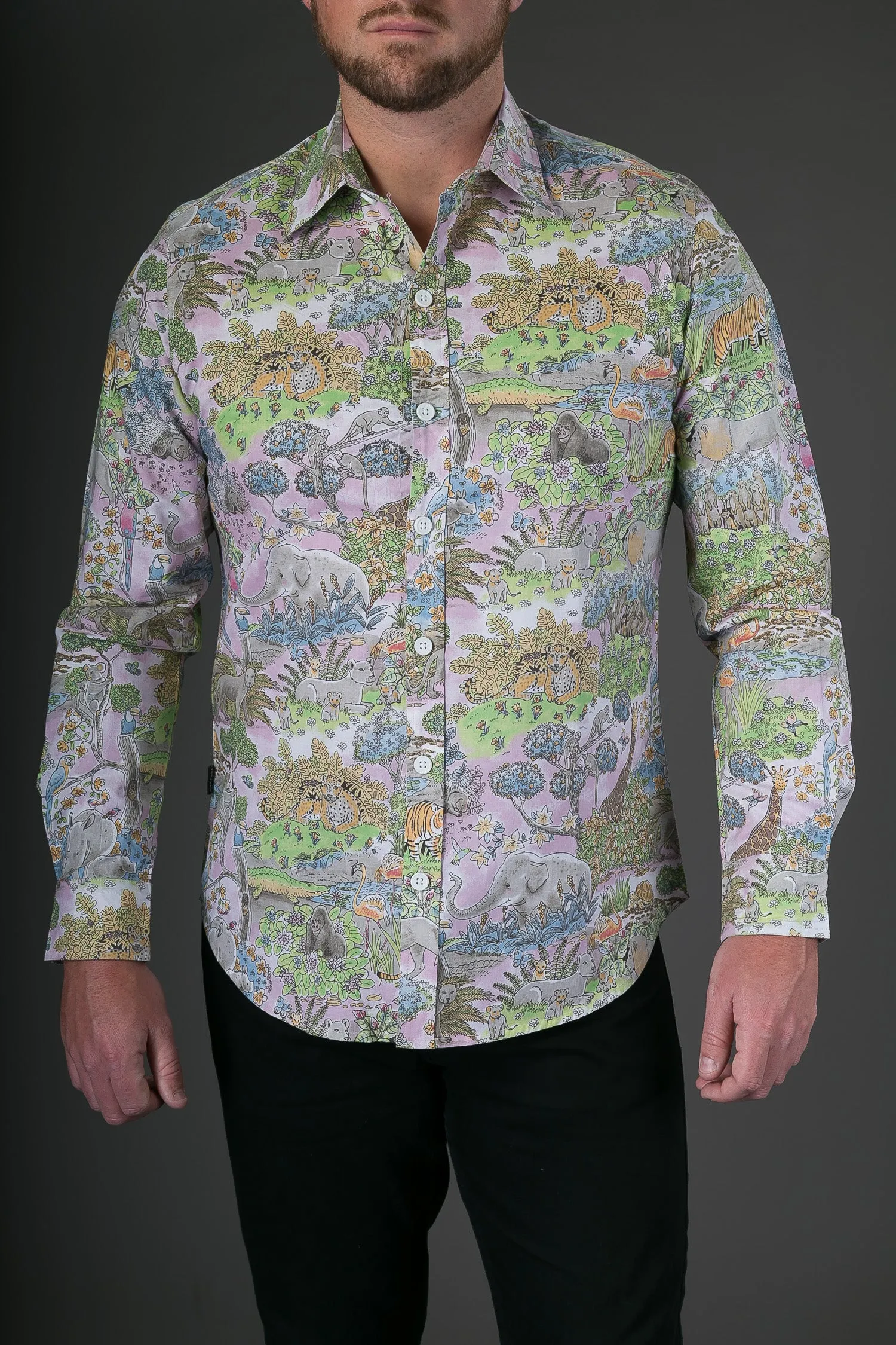 Animal Jungle Pink Print Cotton Slim Fit Mens Shirt Long Sleeve