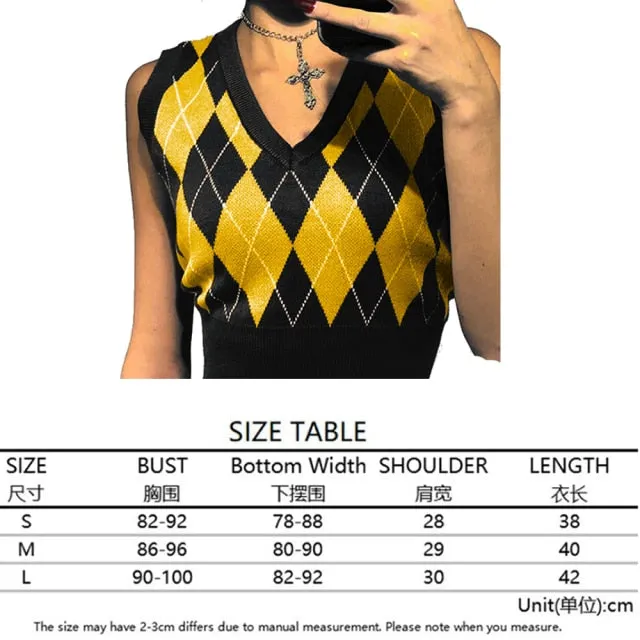 Argyle Knit Cropped Sweater Vest | Streetwear VNeck Y2K Vest | Women Knitted Vest Sweater | College Style Vest | Sleeveless Pullover Sweater