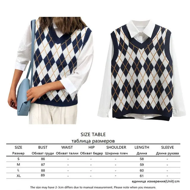 Argyle Knit Cropped Sweater Vest | Streetwear VNeck Y2K Vest | Women Knitted Vest Sweater | College Style Vest | Sleeveless Pullover Sweater