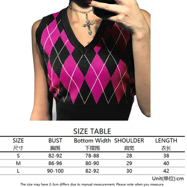 Argyle Knit Cropped Sweater Vest | Streetwear VNeck Y2K Vest | Women Knitted Vest Sweater | College Style Vest | Sleeveless Pullover Sweater