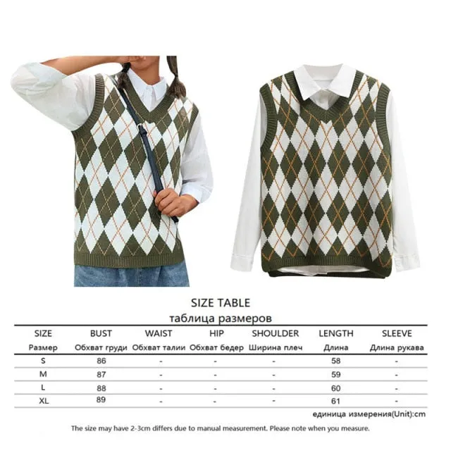 Argyle Knit Cropped Sweater Vest | Streetwear VNeck Y2K Vest | Women Knitted Vest Sweater | College Style Vest | Sleeveless Pullover Sweater