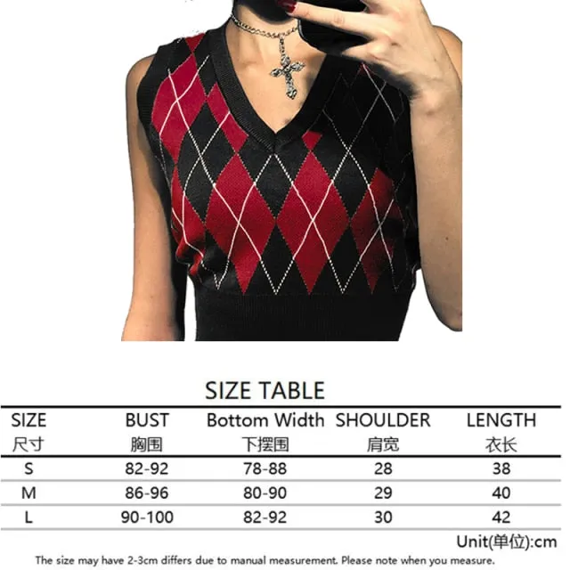 Argyle Knit Cropped Sweater Vest | Streetwear VNeck Y2K Vest | Women Knitted Vest Sweater | College Style Vest | Sleeveless Pullover Sweater