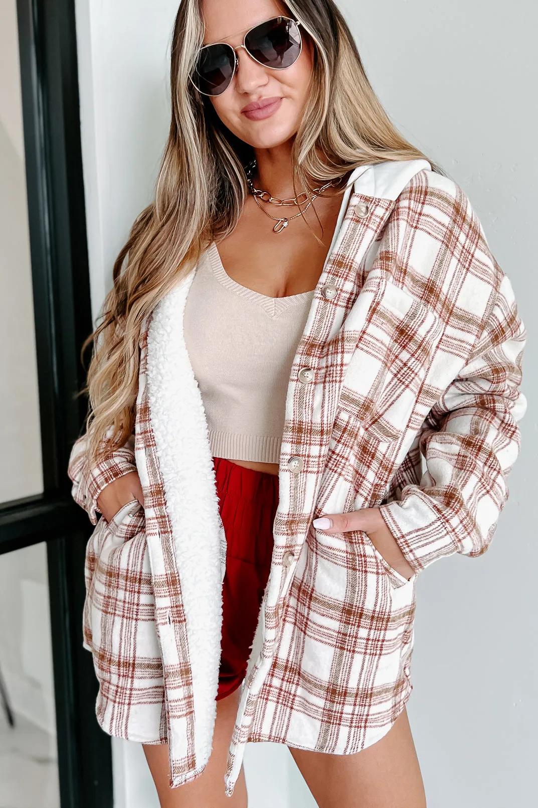 Around The Fire Sherpa Lined Hooded Plaid Jacket (Cream/Red)