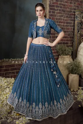 Astonishing Petrol Blue Soft Silk Jacket Lehenga Choli