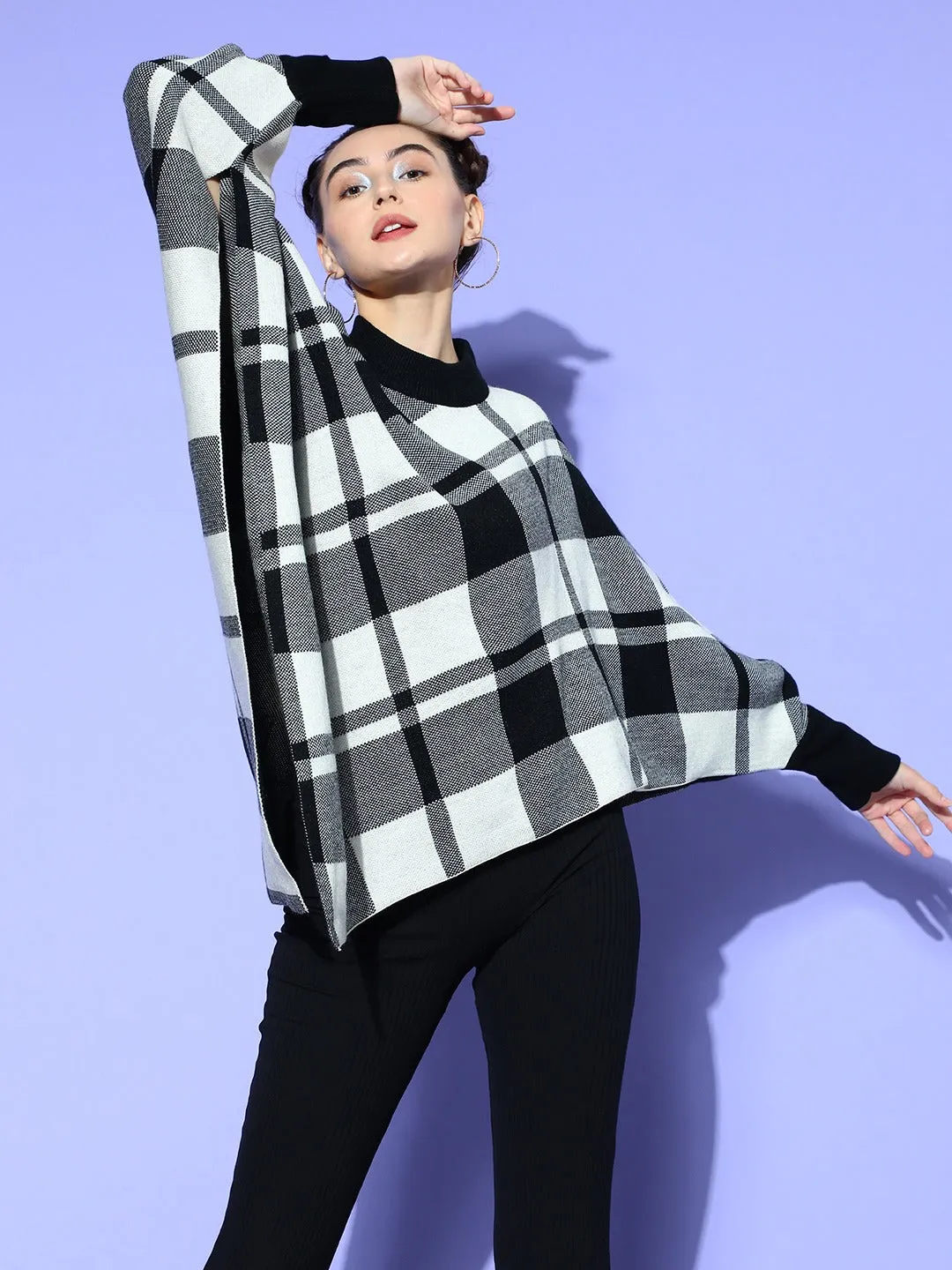 Berrylush Women Black & White Checked Pattern Mock Collar Neck Acrylic Asymmetric Hem Poncho