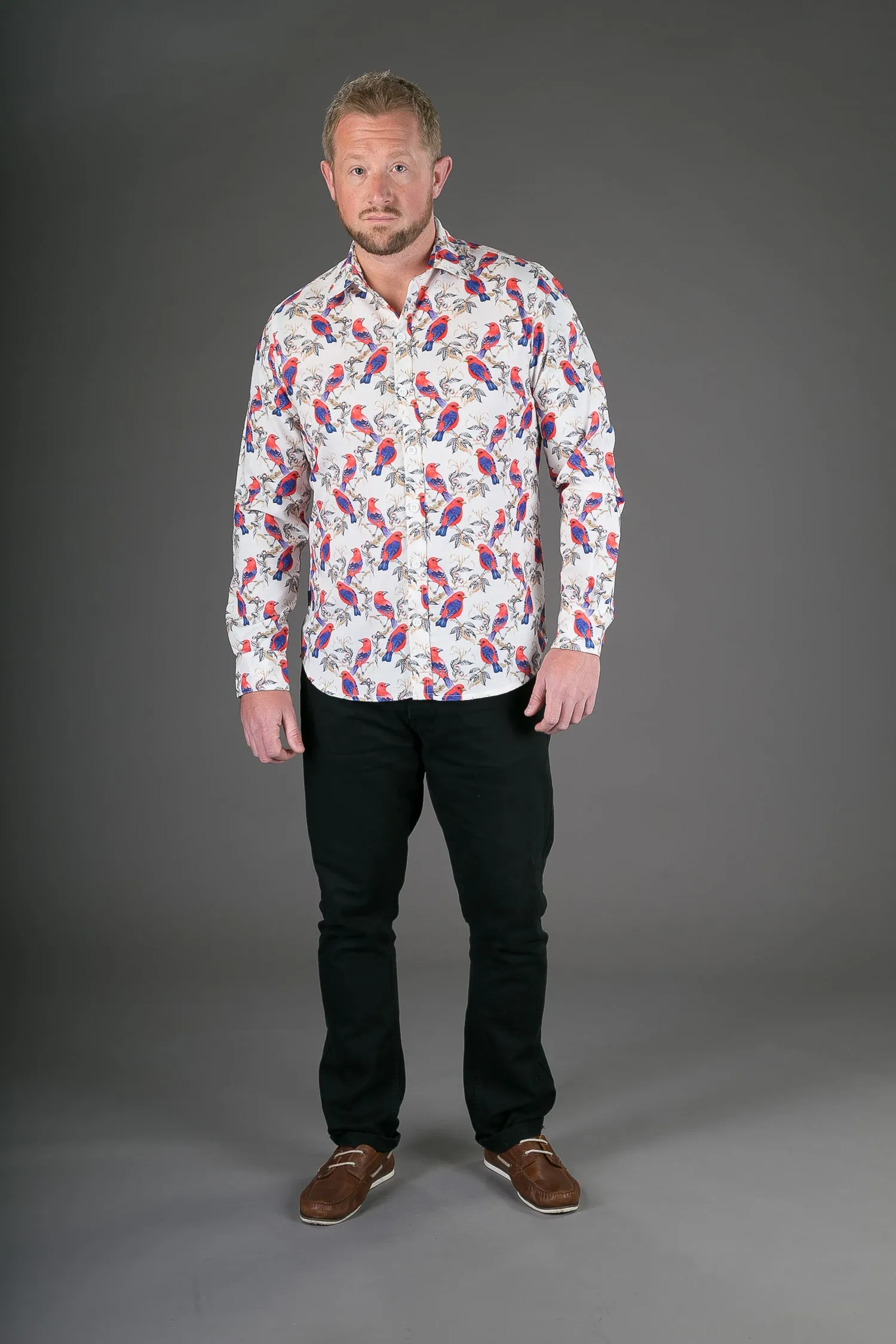 Birds Red Floral Print Cotton Slim Fit Mens Shirt Long Sleeve