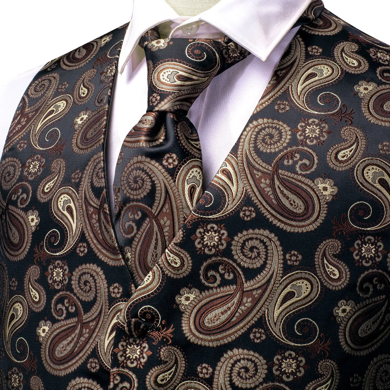 Black Brown Paisley Jacquard Silk Men's Vest Hanky Cufflinks Tie Set