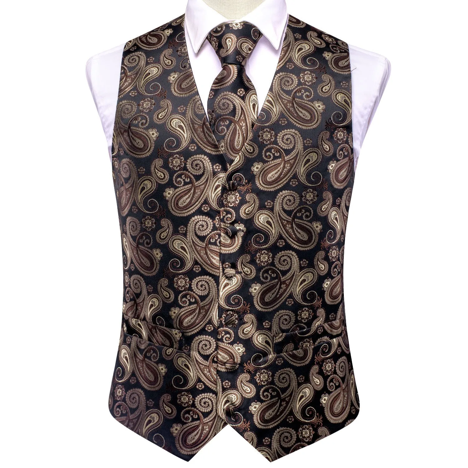 Black Brown Paisley Jacquard Silk Men's Vest Hanky Cufflinks Tie Set