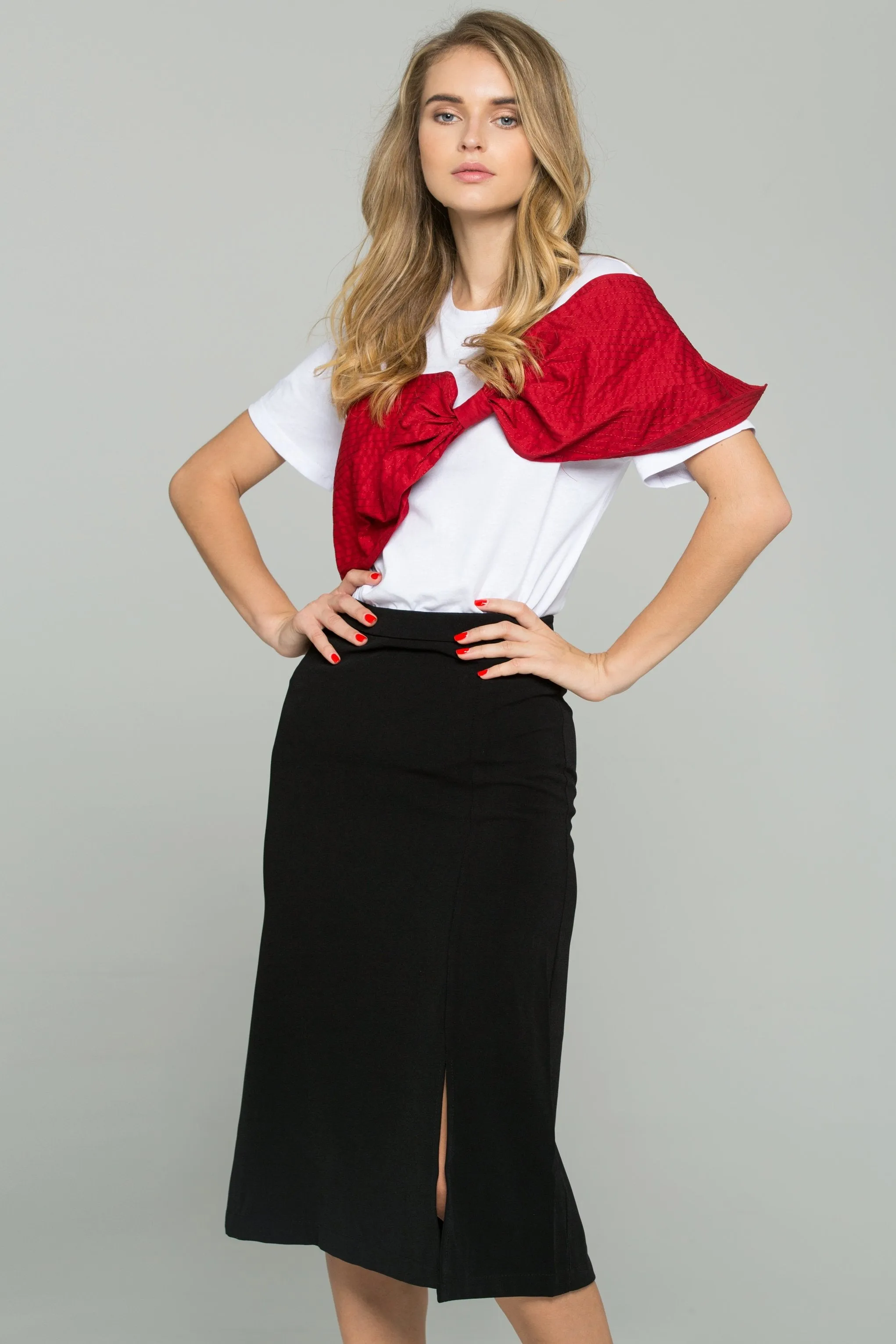 Black Linen Front Side Slit Pencil Skirt