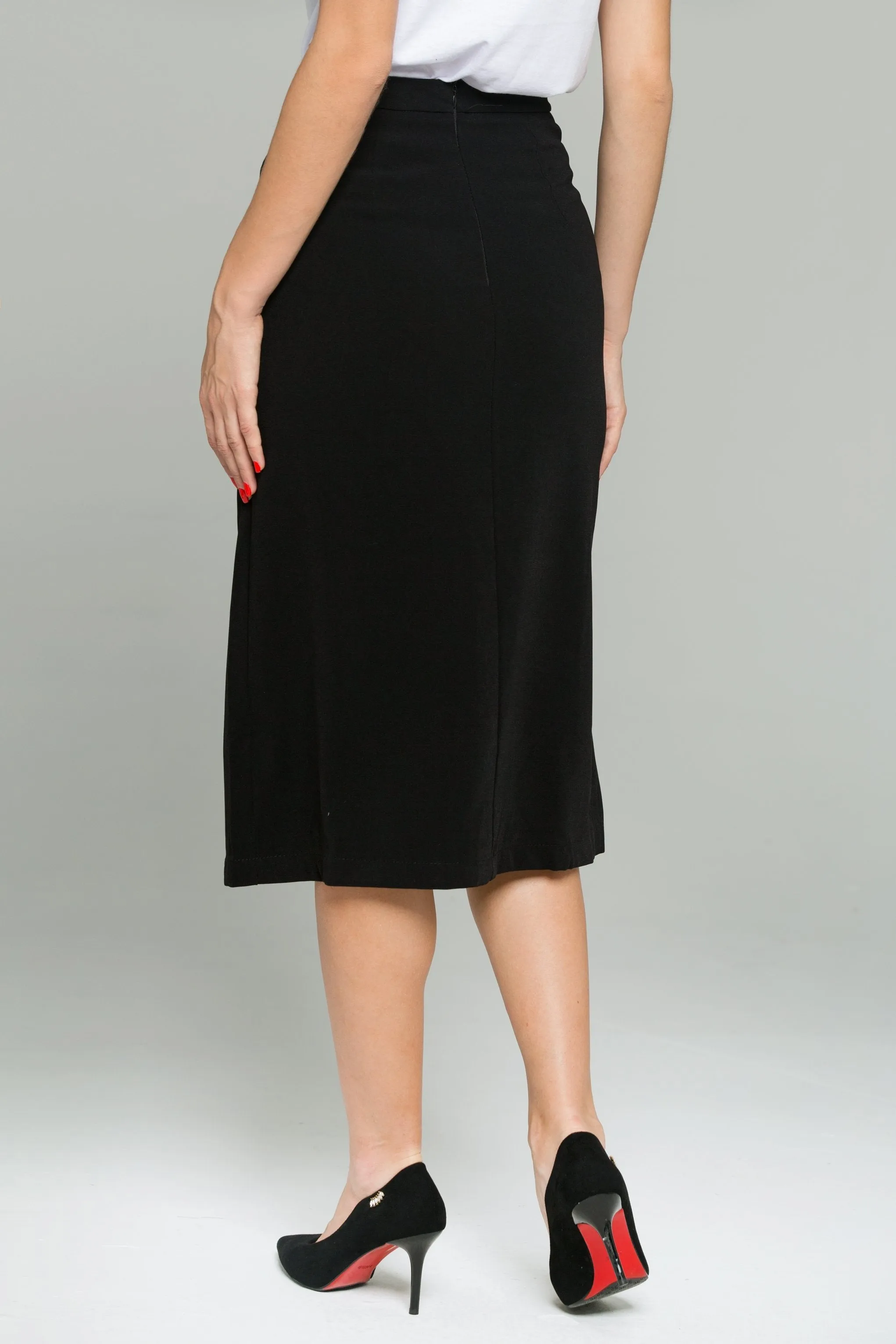 Black Linen Front Side Slit Pencil Skirt