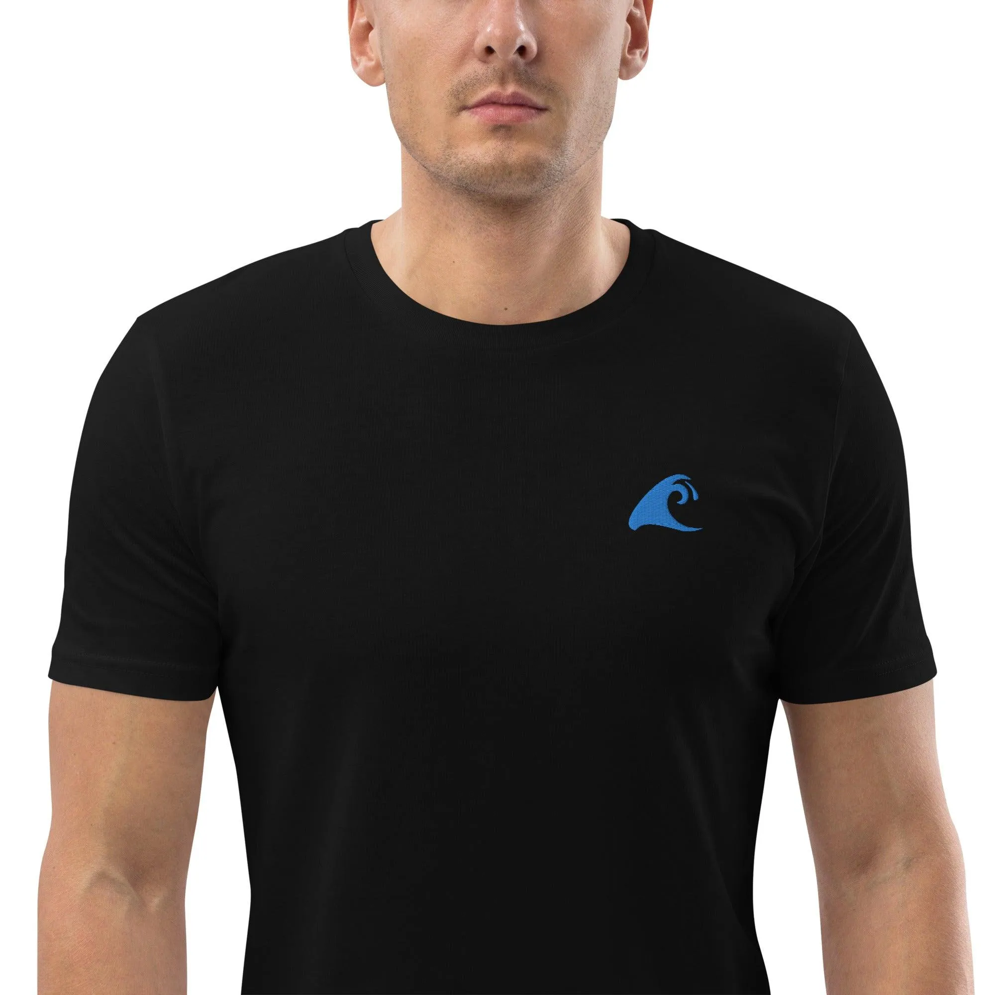 Black Organic Cotton T-Shirt with Aqua Blue Extremely Stoked Epic Wave Logo (Embroidered)