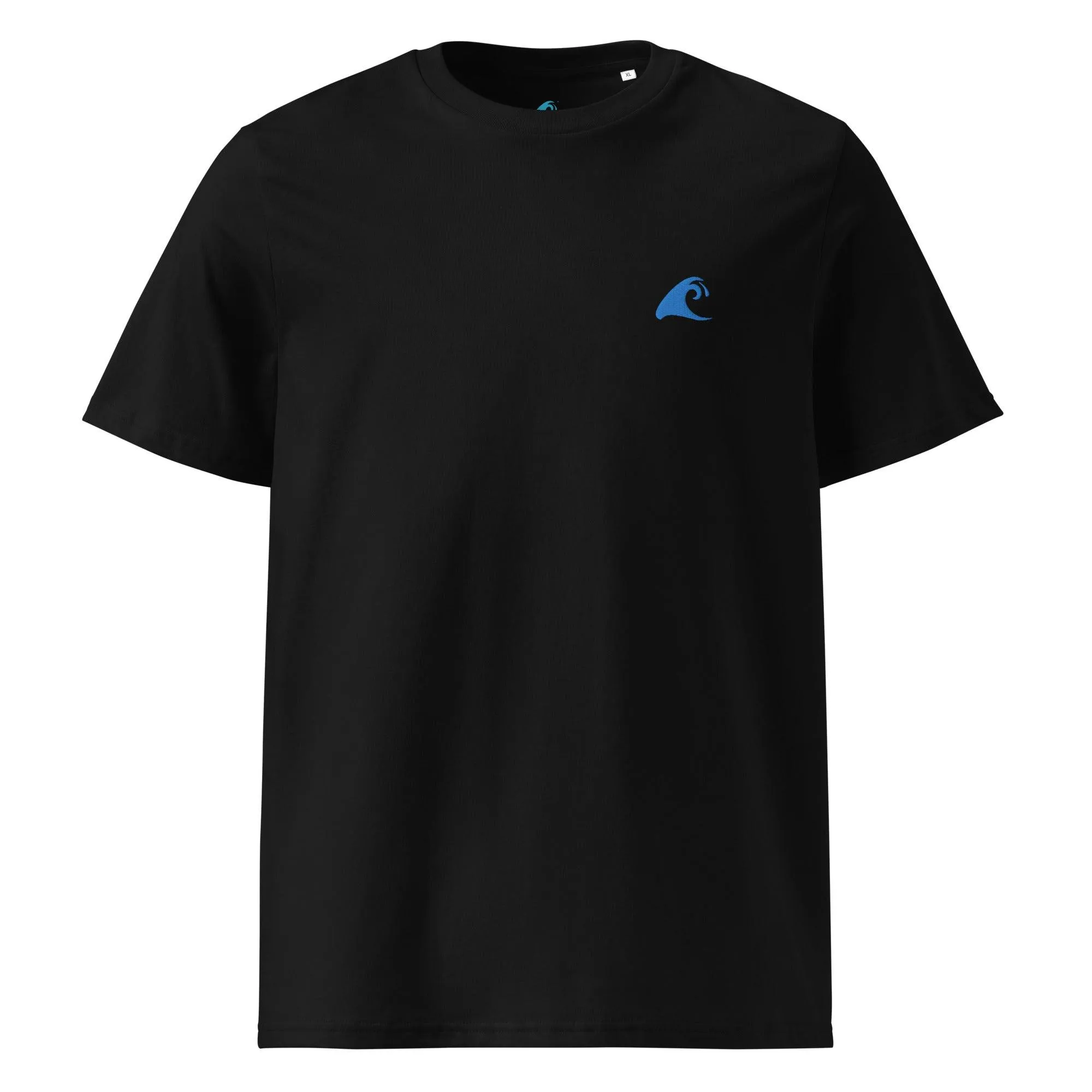 Black Organic Cotton T-Shirt with Aqua Blue Extremely Stoked Epic Wave Logo (Embroidered)