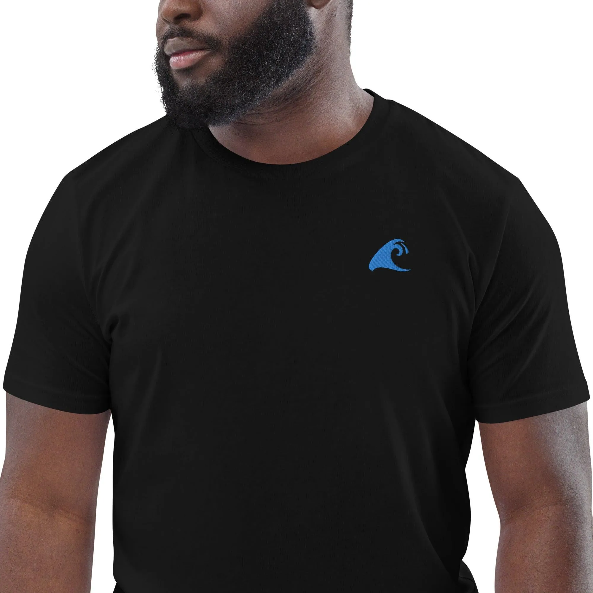 Black Organic Cotton T-Shirt with Aqua Blue Extremely Stoked Epic Wave Logo (Embroidered)