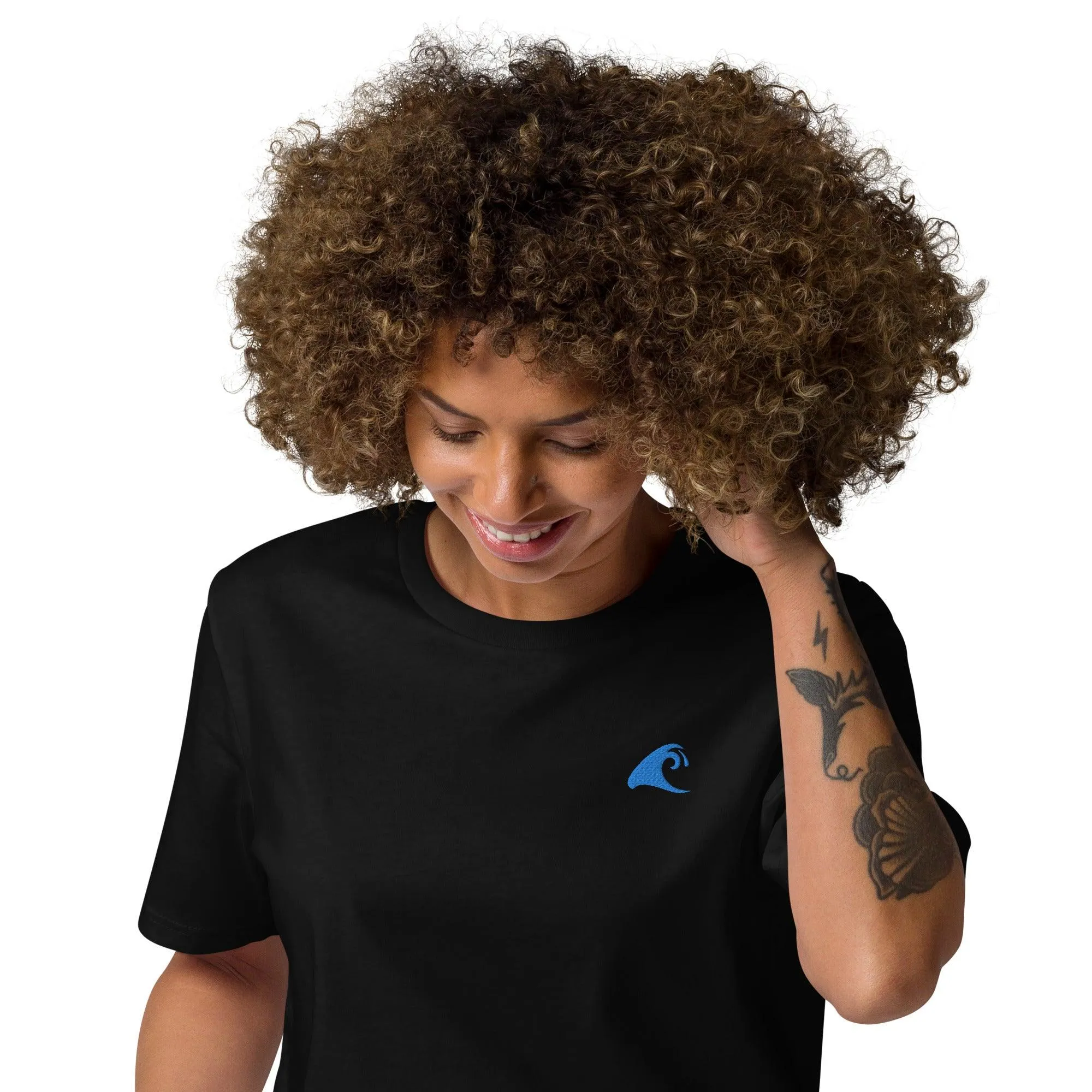 Black Organic Cotton T-Shirt with Aqua Blue Extremely Stoked Epic Wave Logo (Embroidered)