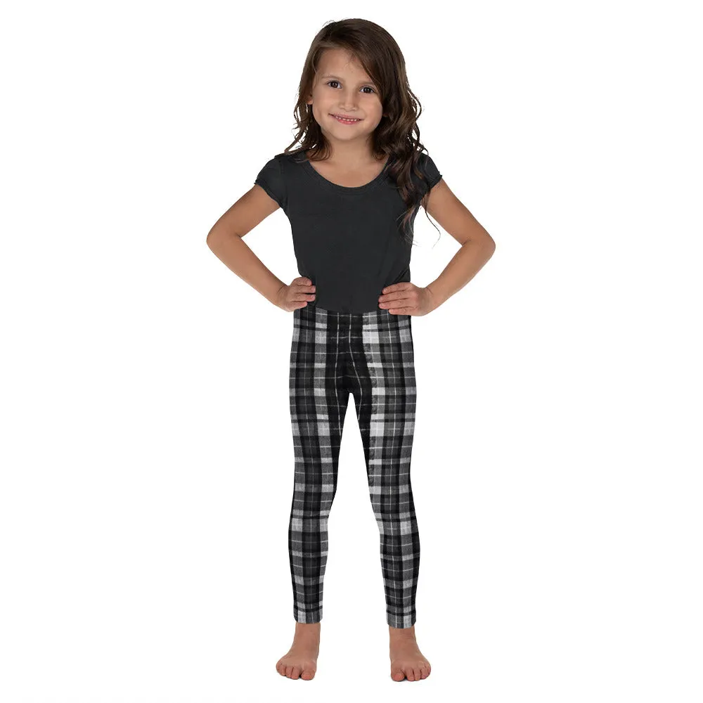 Black Plaid Kid's Leggings, Tartan Scottish Style Print Designer Girl's Active Wear Pants (2T-7) Made in USA/EU