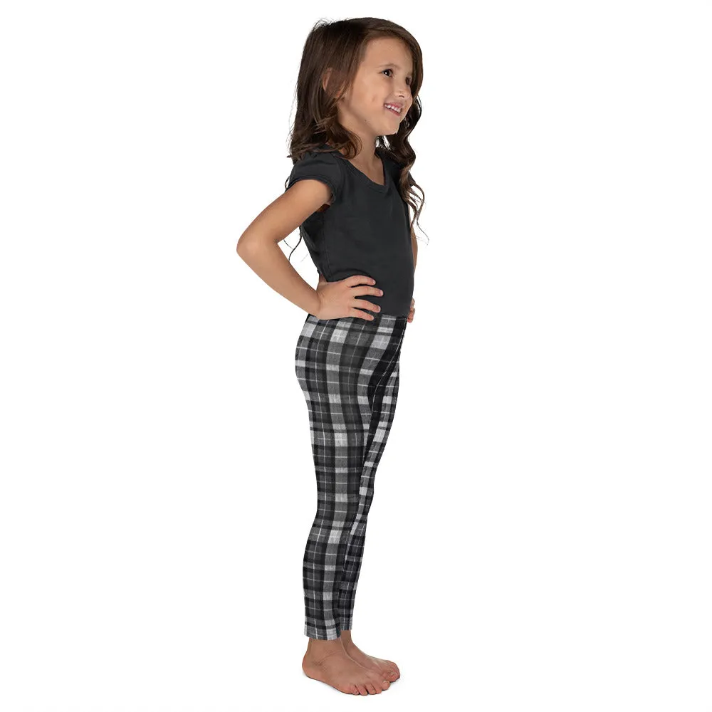 Black Plaid Kid's Leggings, Tartan Scottish Style Print Designer Girl's Active Wear Pants (2T-7) Made in USA/EU