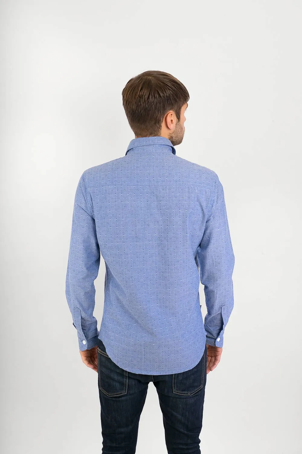 Blue Cotton Slim-Fit Long-Sleeve Shirt