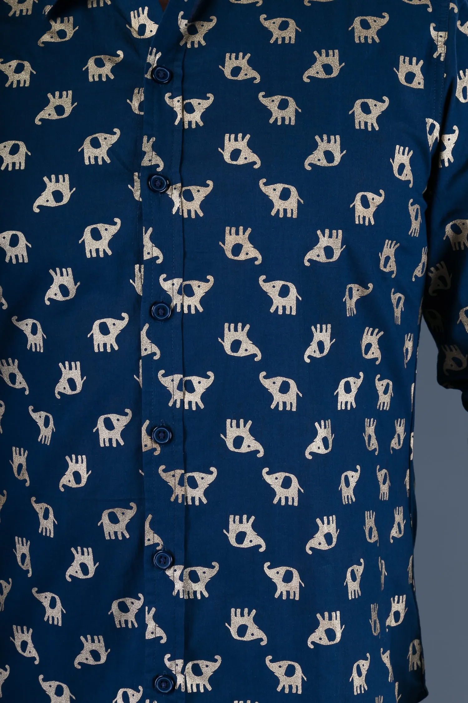 Blue Gold Elephant Print Cotton Slim and Regular Fit Mens Shirt Long Sleeve