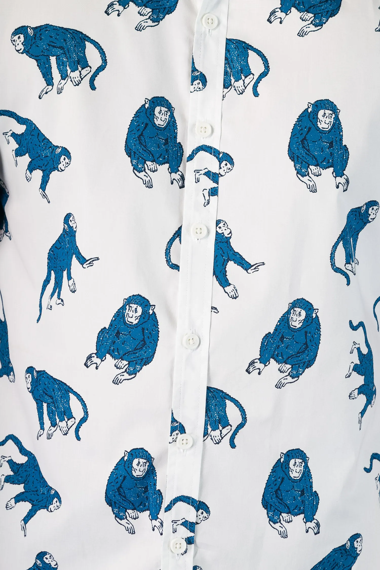 Blue Monkeys on White Print Cotton Slim Fit Mens Shirt Short Sleeve