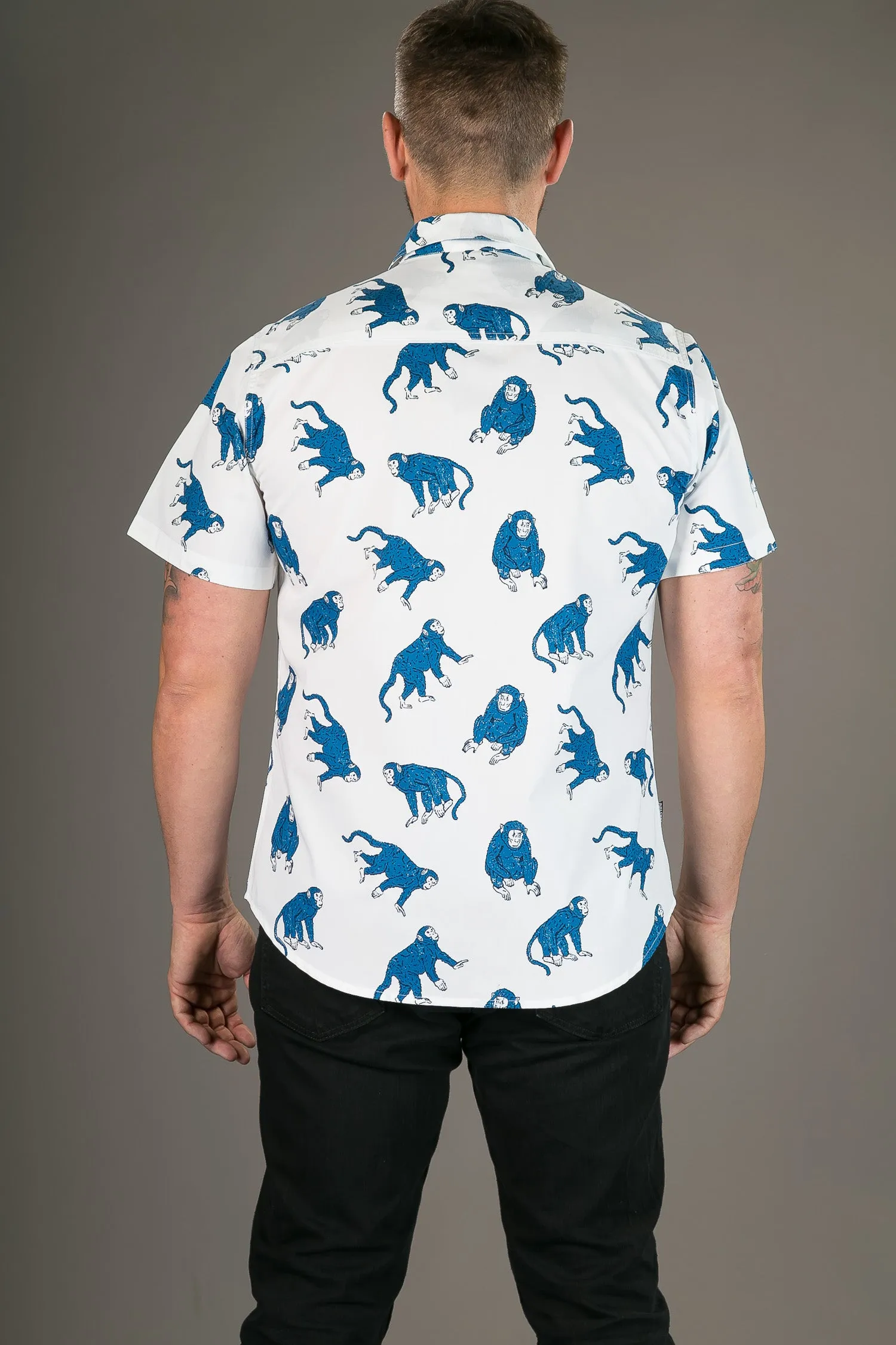 Blue Monkeys on White Print Cotton Slim Fit Mens Shirt Short Sleeve