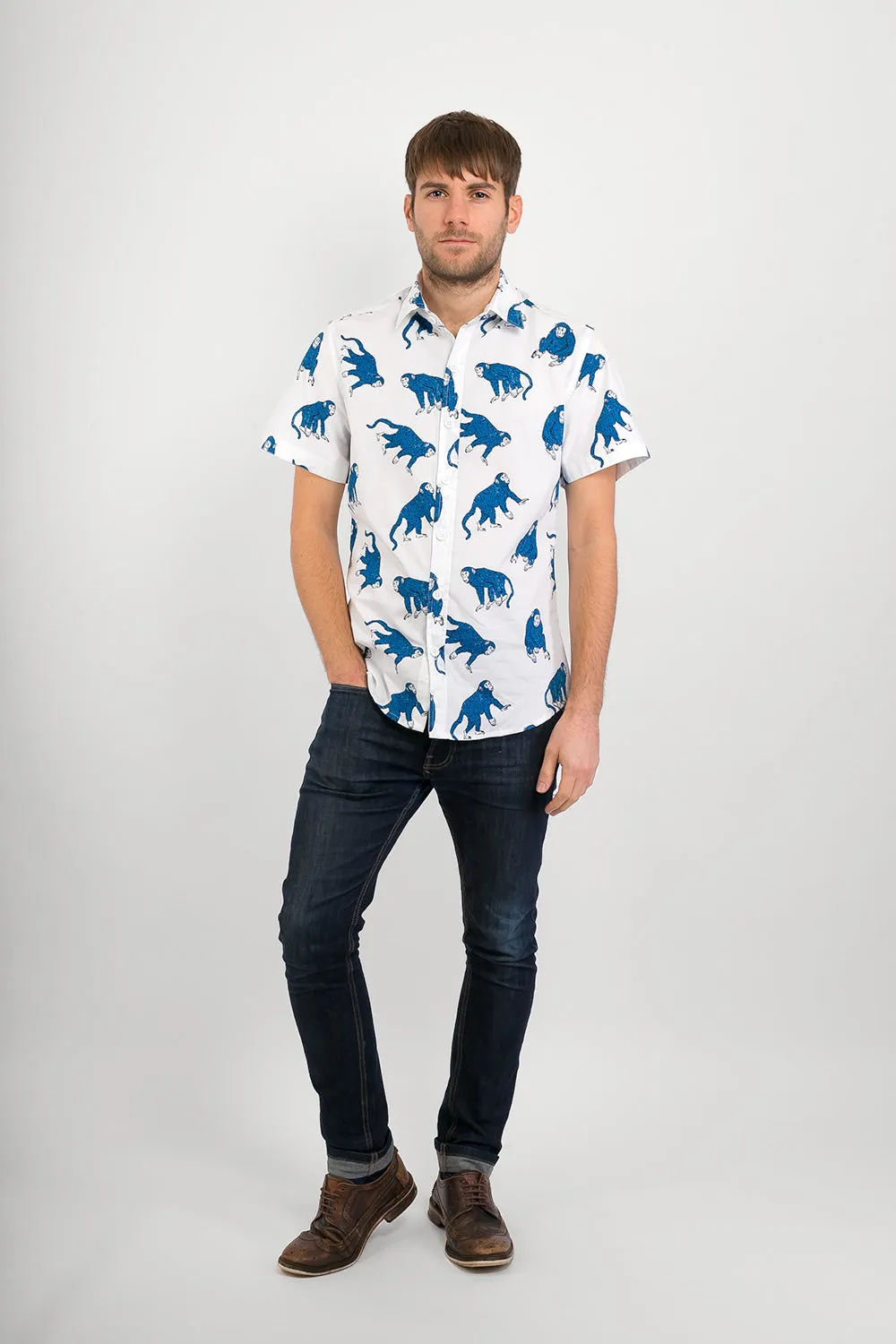 Blue Monkeys on White Print Cotton Slim Fit Mens Shirt Short Sleeve