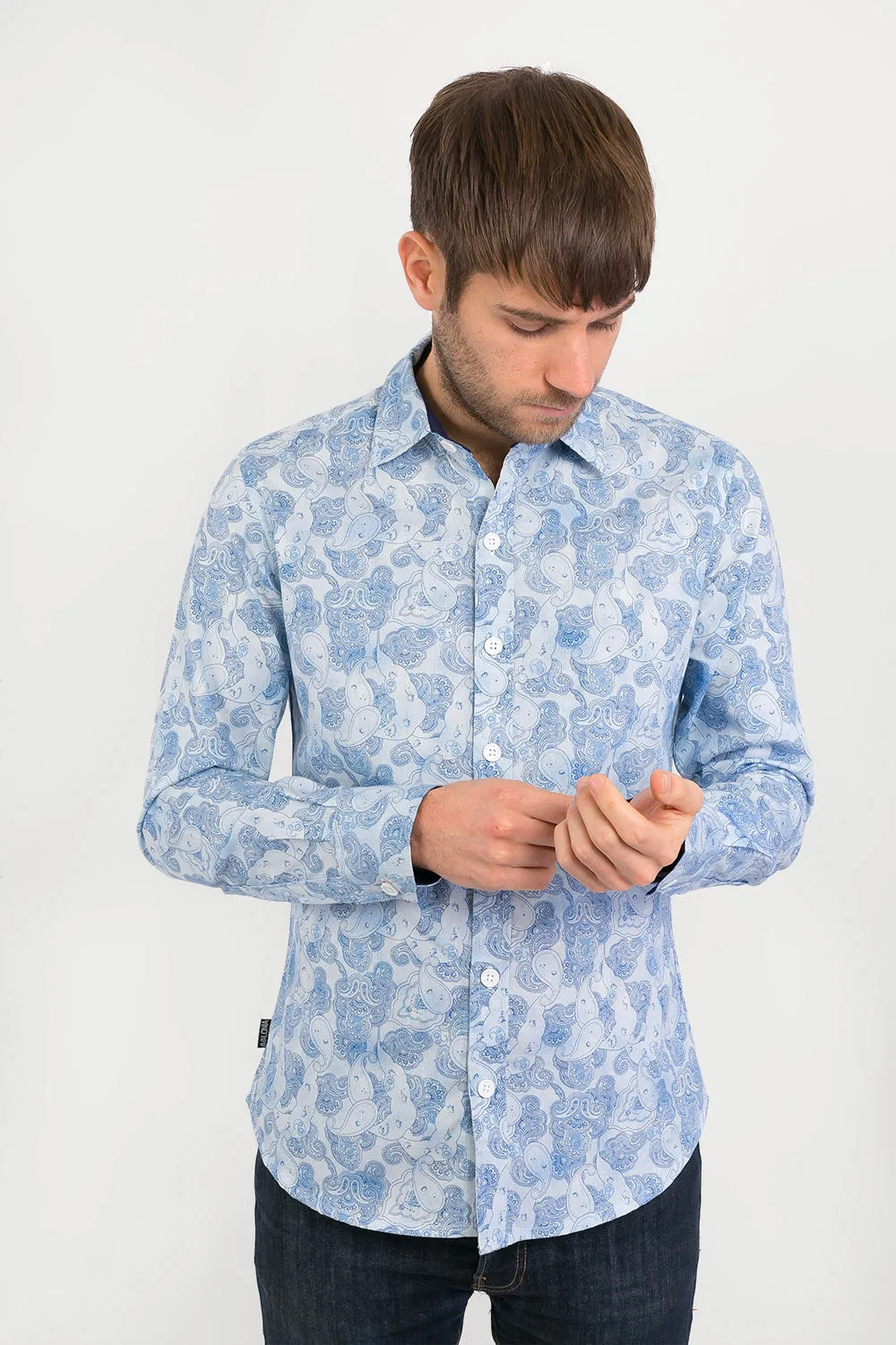 Blue Print Cotton Slim Fit Mens Shirt Long Sleeve