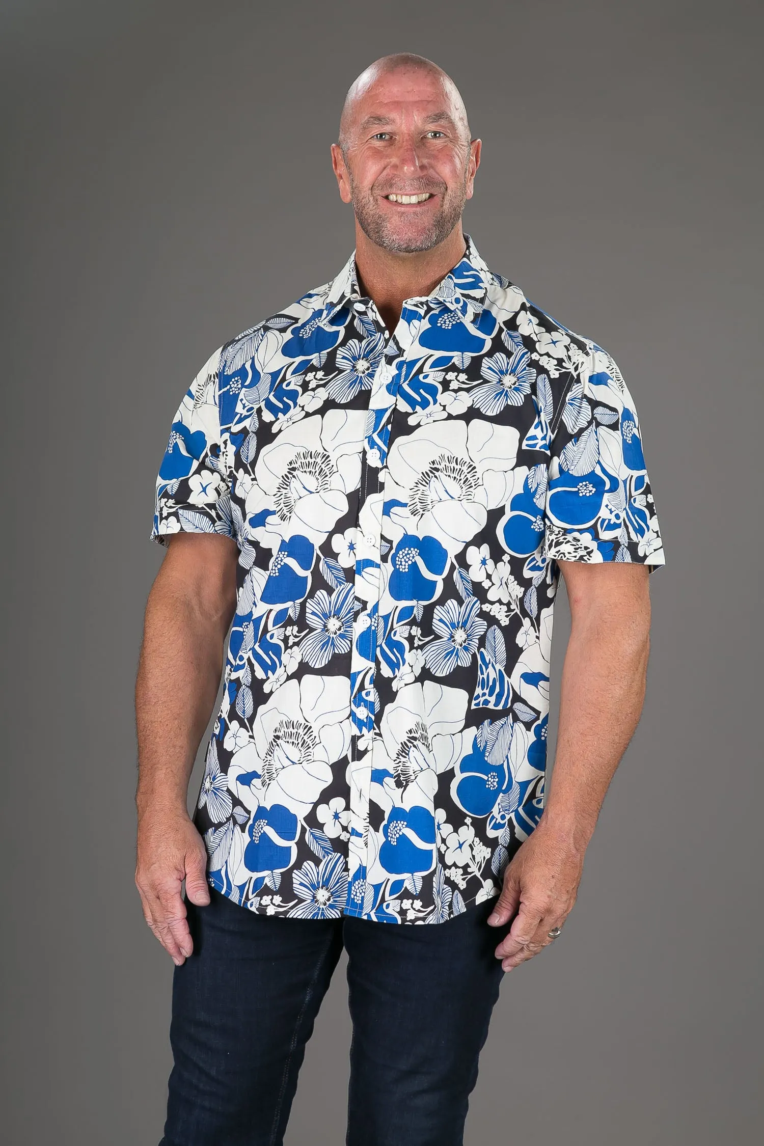 Blue White Aloha Print Cotton Slim and Regular Fit Mens Hawaiian Shirt Short Sleeve