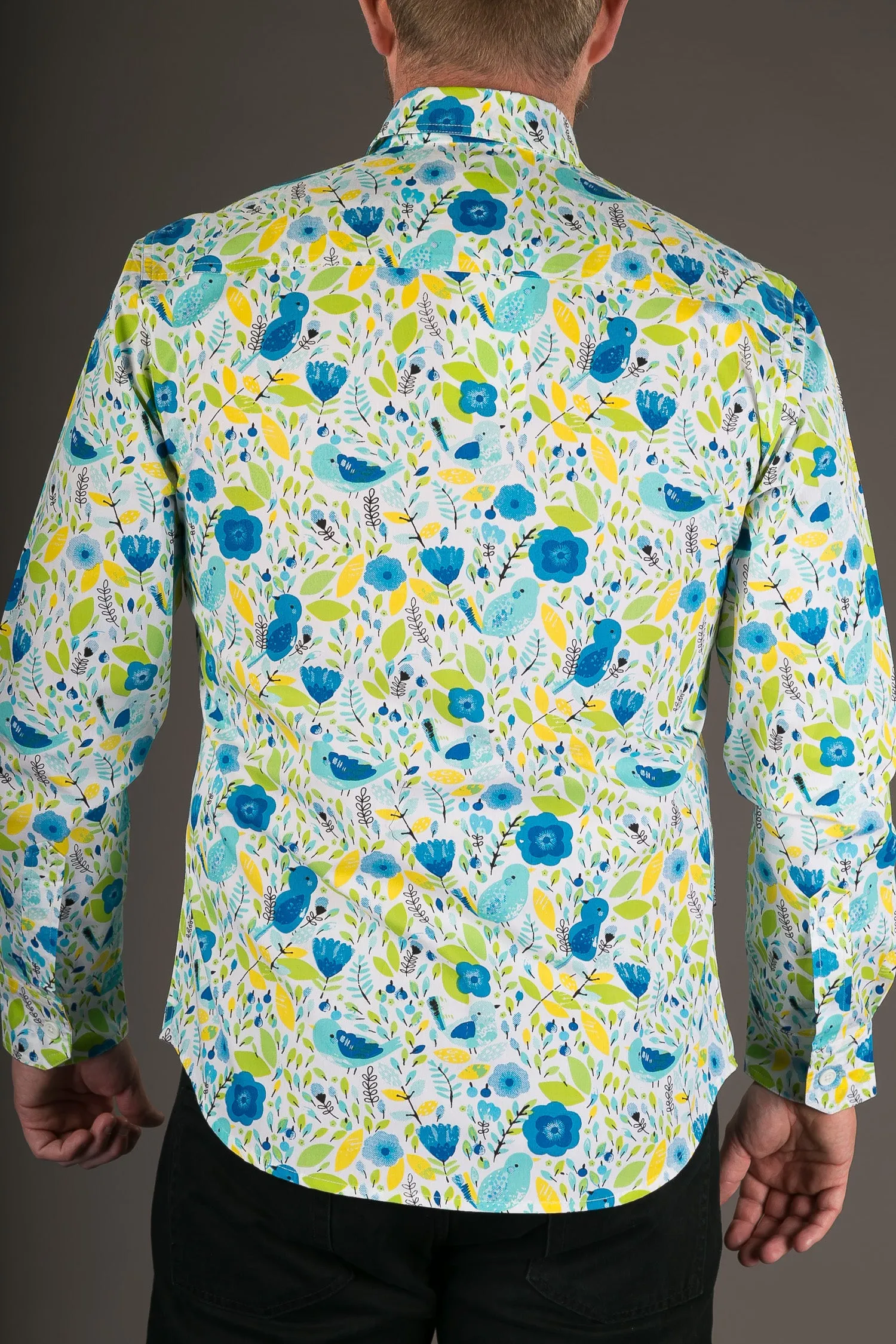 Blue Yellow Birds Floral Print Cotton Slim Fit Mens Shirt Long Sleeve