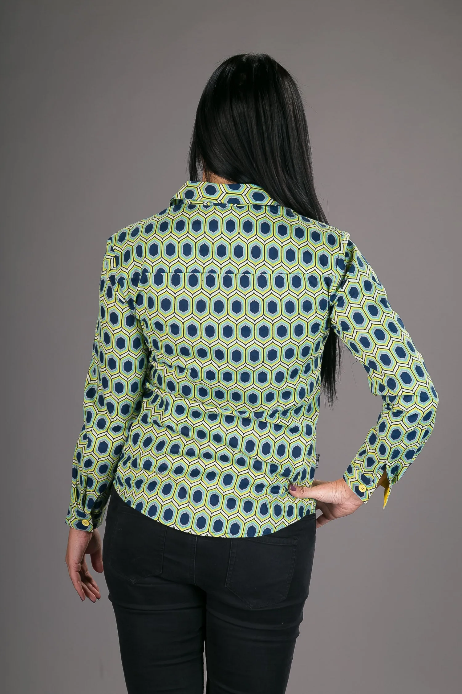 Blue Yellow Geometric Print Cotton Slim Fit Womens Shirt Long Sleeve