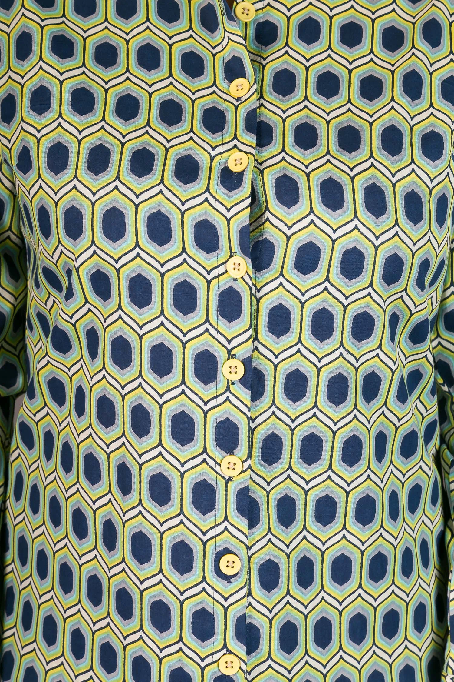 Blue Yellow Geometric Print Cotton Slim Fit Womens Shirt Long Sleeve