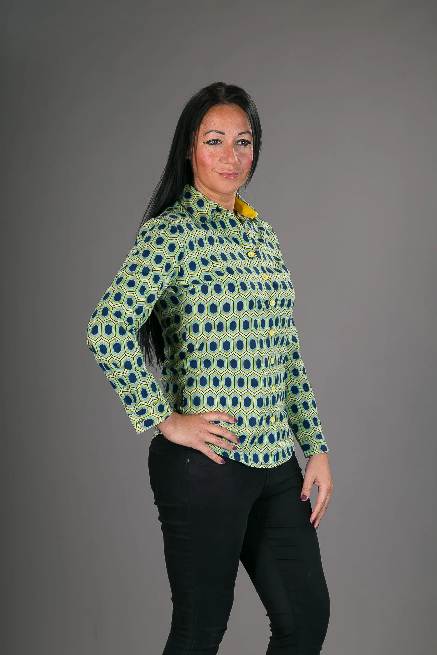 Blue Yellow Geometric Print Cotton Slim Fit Womens Shirt Long Sleeve