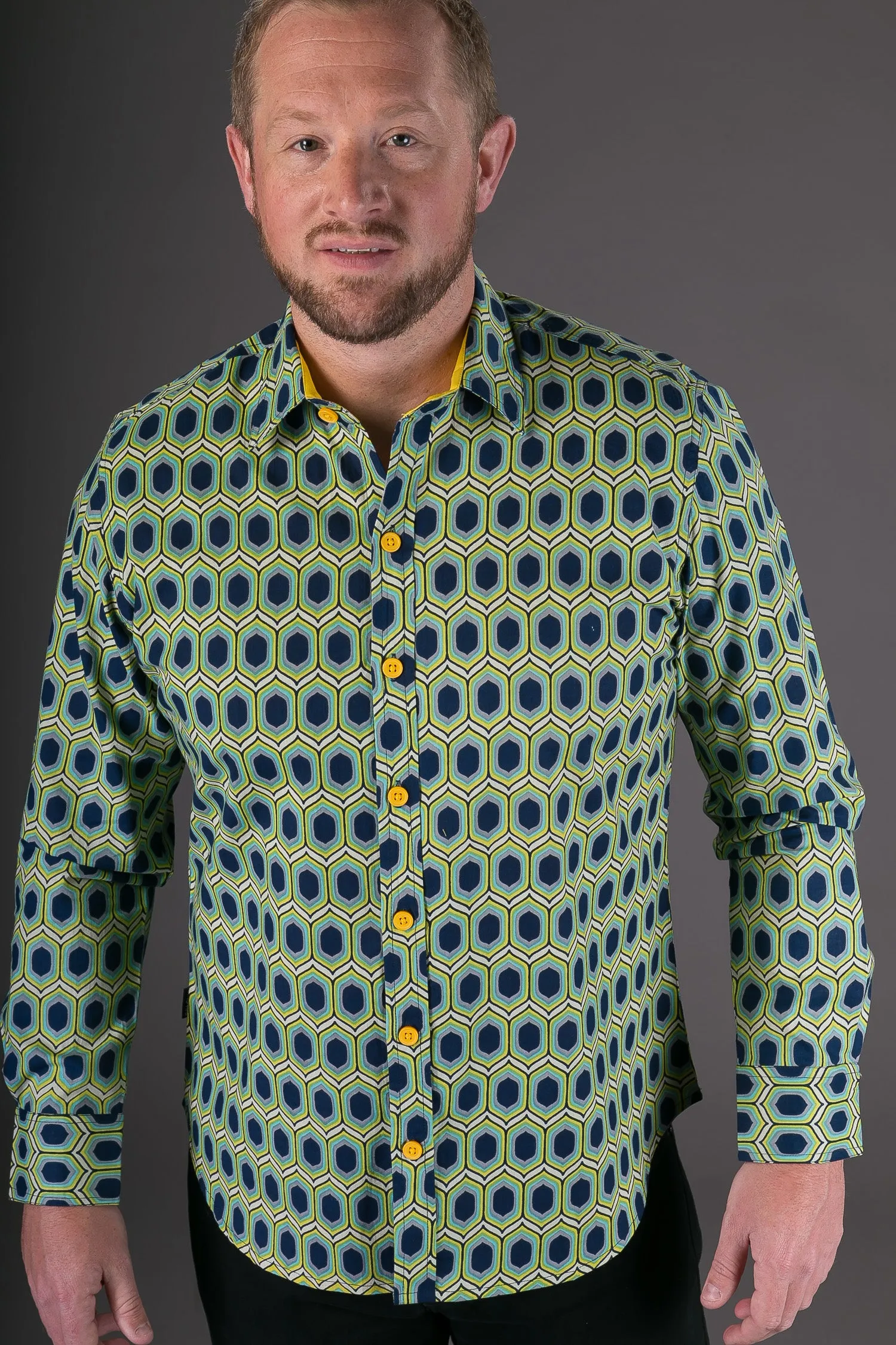 Blue Yellow Green Geometric Print Cotton Slim and Regular Fit Mens Shirt Long Sleeve