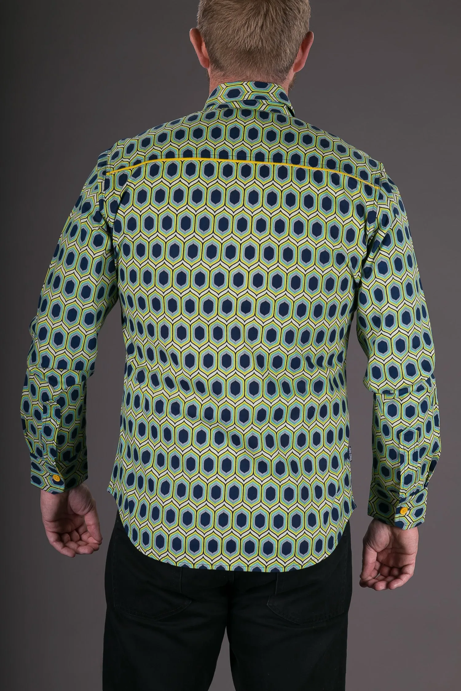 Blue Yellow Green Geometric Print Cotton Slim and Regular Fit Mens Shirt Long Sleeve