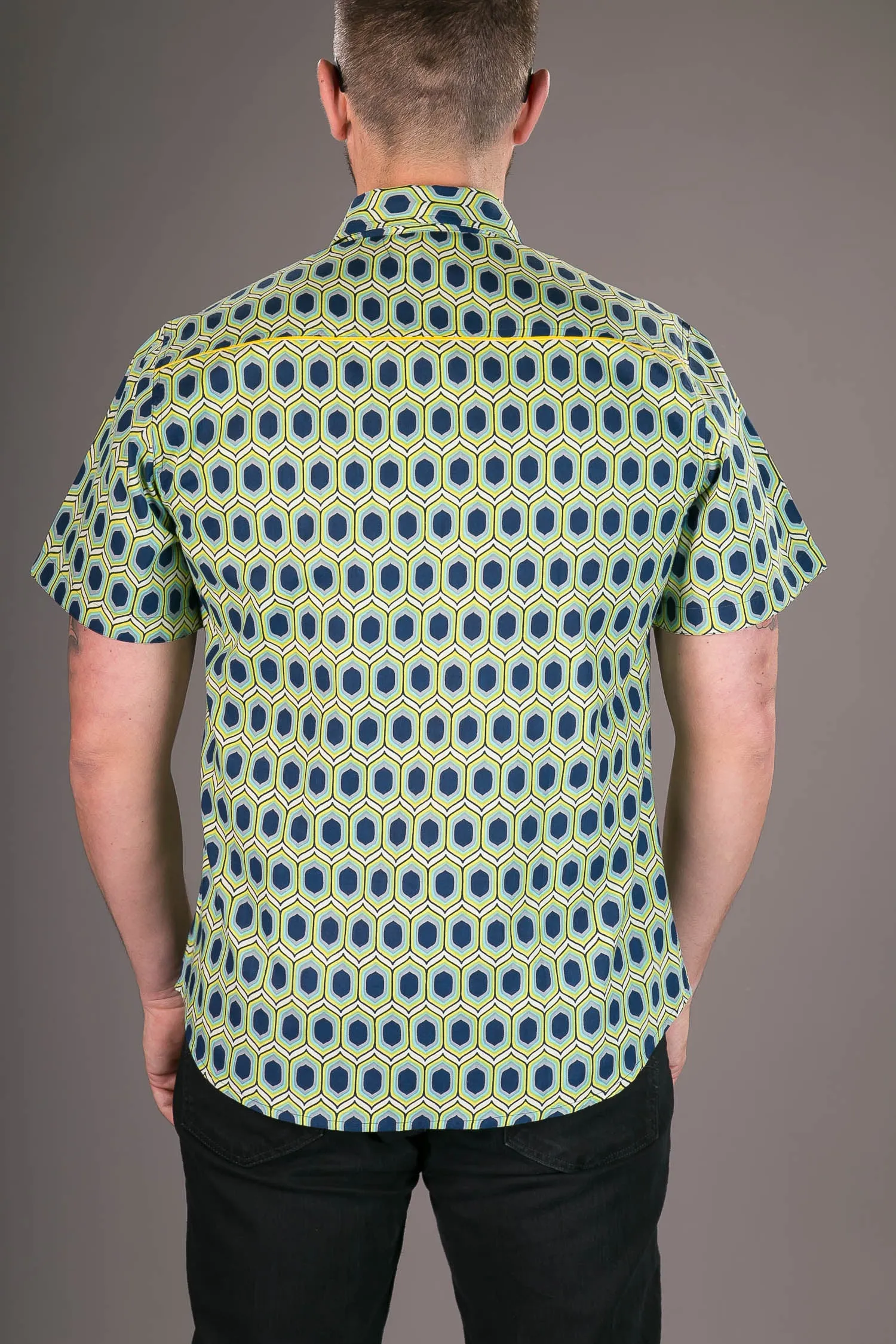 Blue Yellow Green Geometric Print Cotton Slim Fit Mens Shirt Short Sleeve