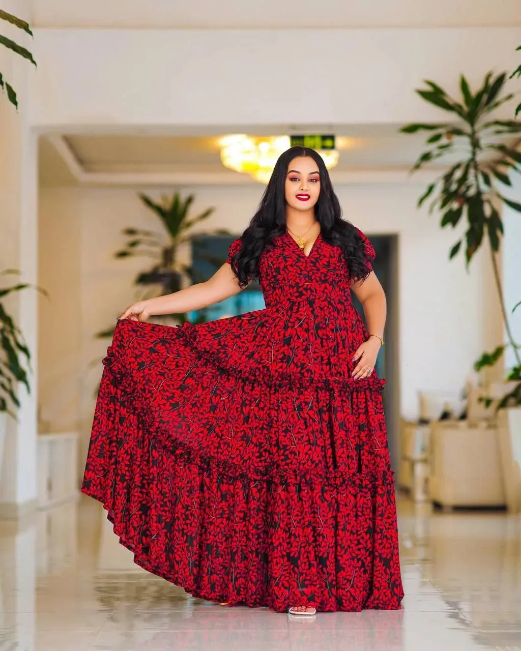 Bold Red Ethiopian Made Chiffon Dress: with Beautiful Black Ornaments Habesha Chiffon Dress