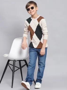 Boys Beige Self Design Round Neck Full Sleeve Sweater