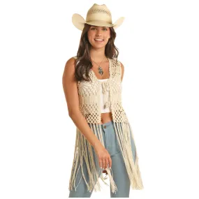 BW38T03889 Rock & Roll Women's Crocheted Vest with Fringe - Beige