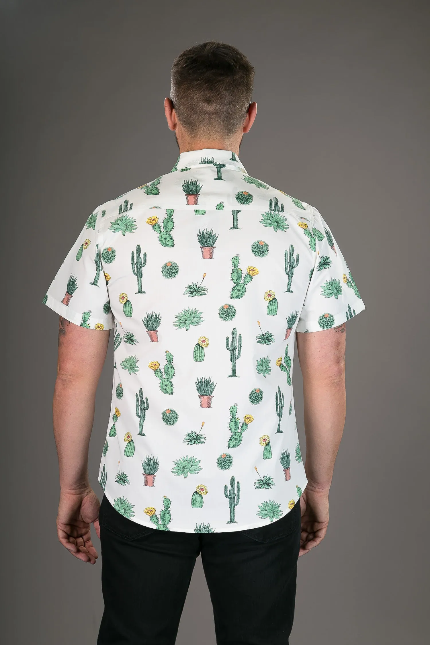 Cactus Plant White Print Cotton Slim Fit Mens Shirt Short Sleeve