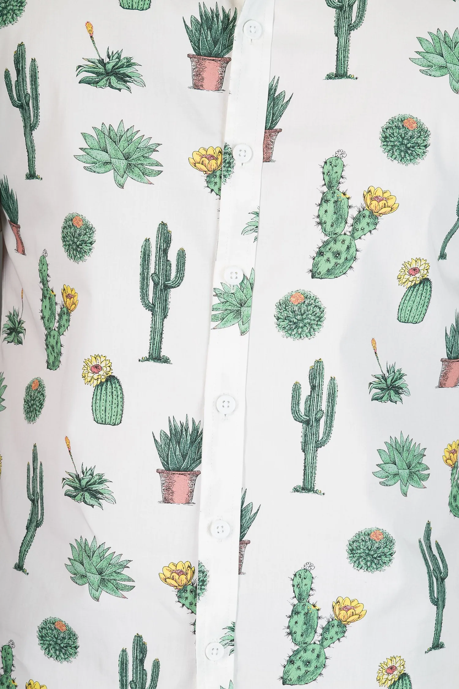 Cactus Plant White Print Cotton Slim Fit Mens Shirt Short Sleeve