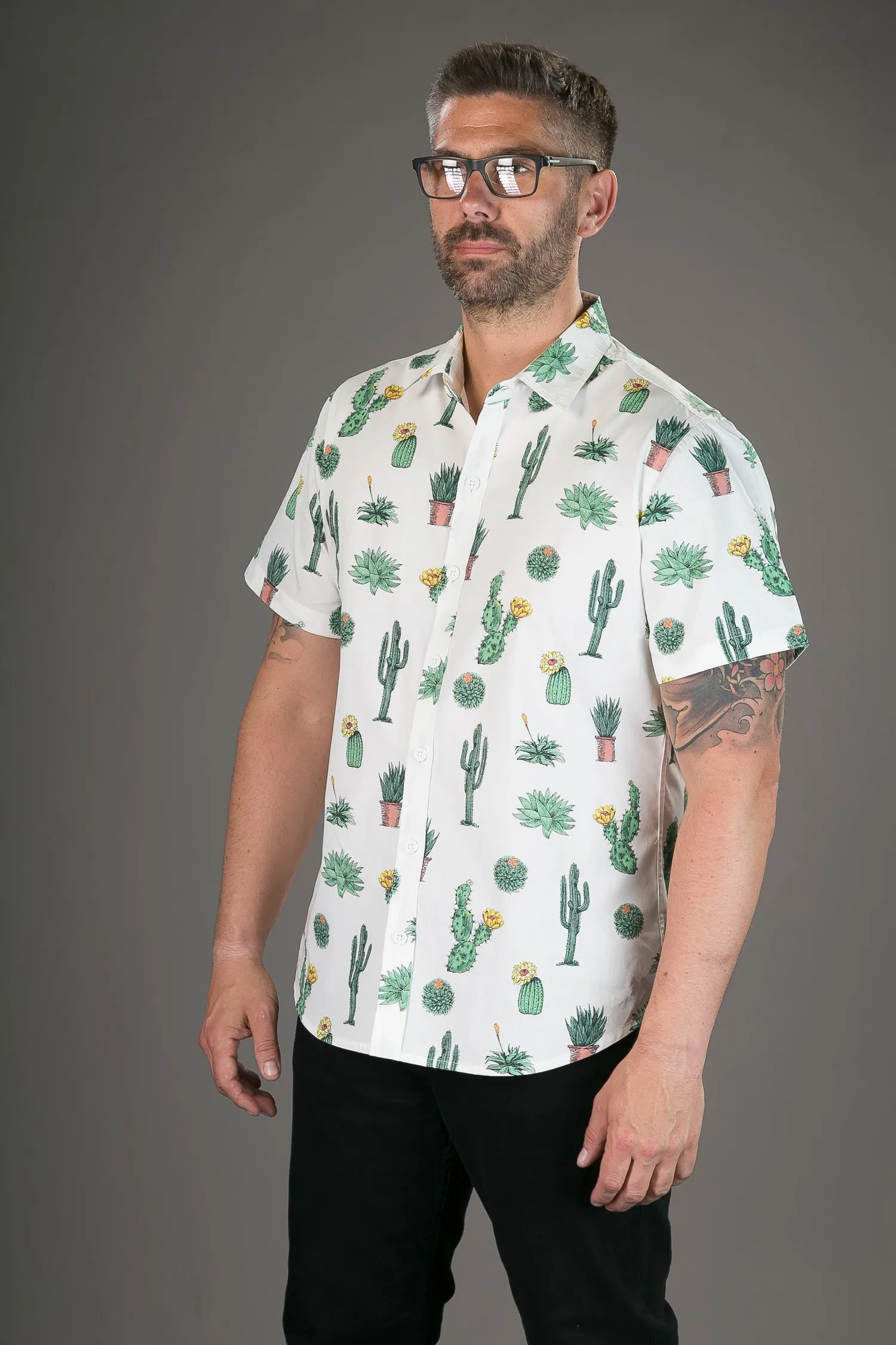 Cactus Plant White Print Cotton Slim Fit Mens Shirt Short Sleeve