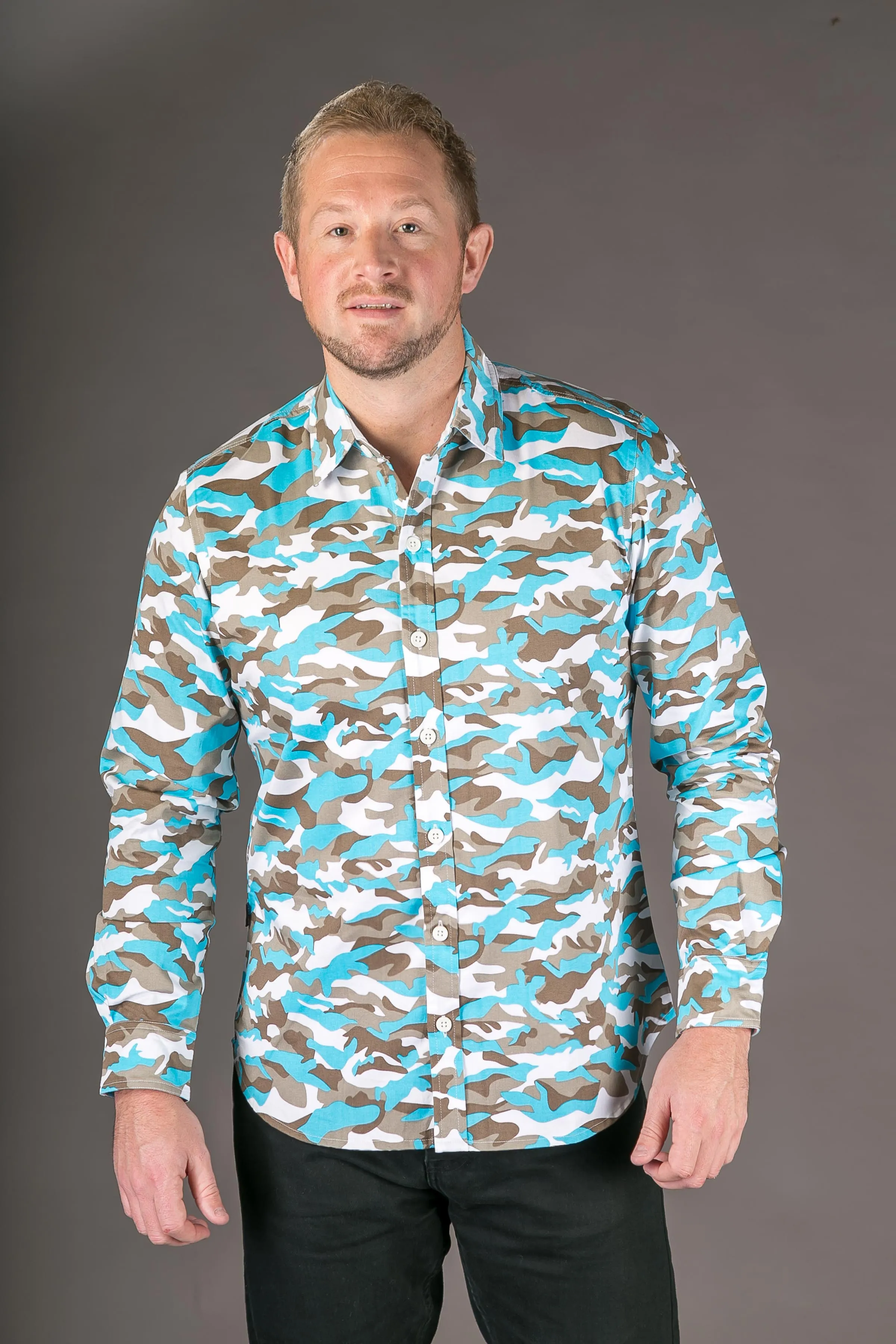 Camouflage Blue Print Cotton Slim Fit Mens Shirt Long Sleeve