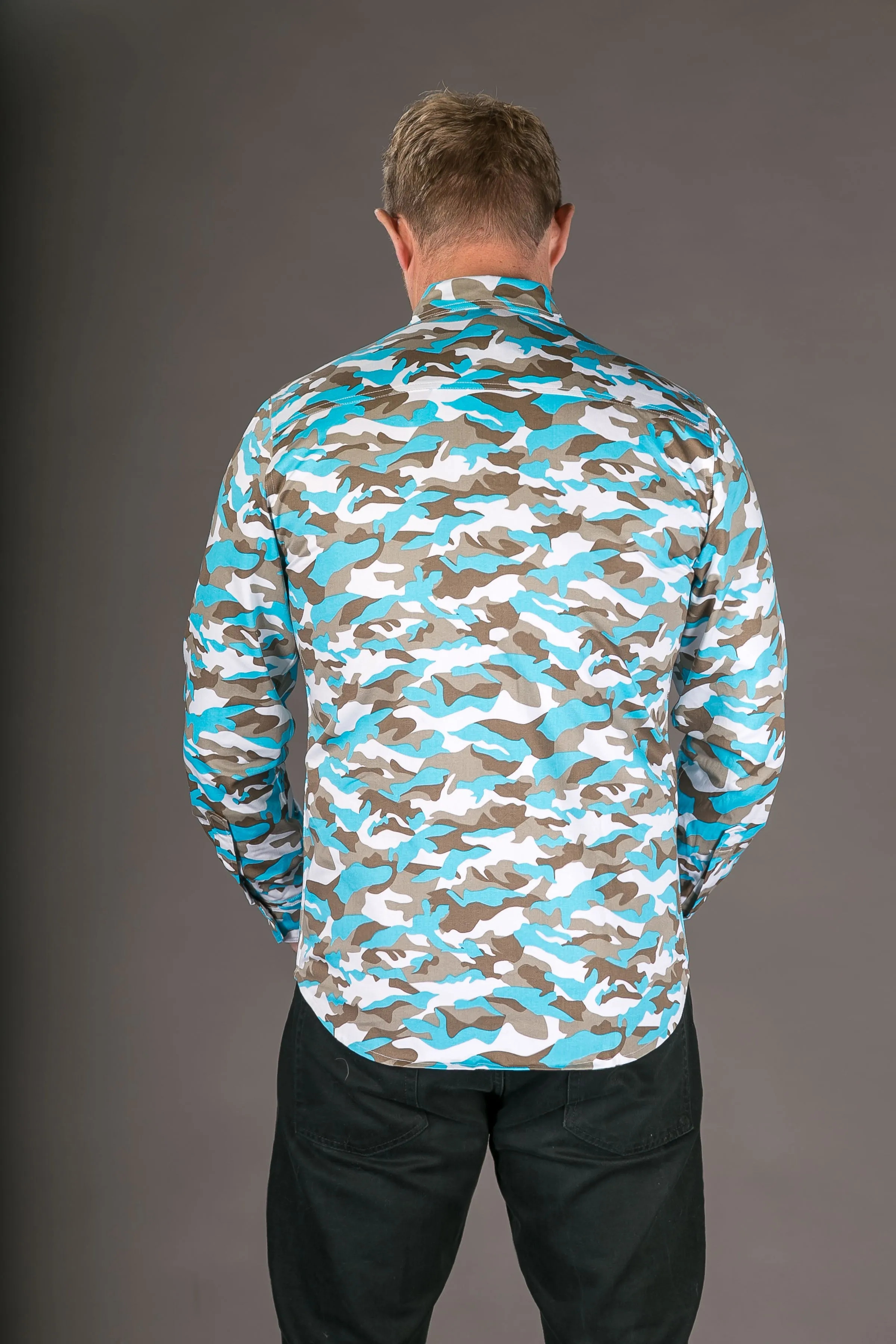 Camouflage Blue Print Cotton Slim Fit Mens Shirt Long Sleeve