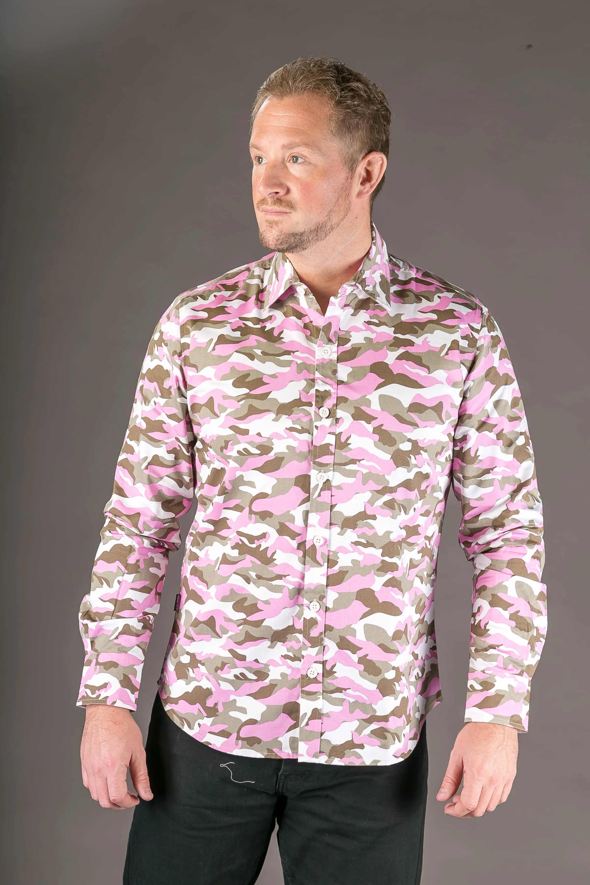 Camouflage Pink Print Cotton Slim Fit Mens Shirt Long Sleeve