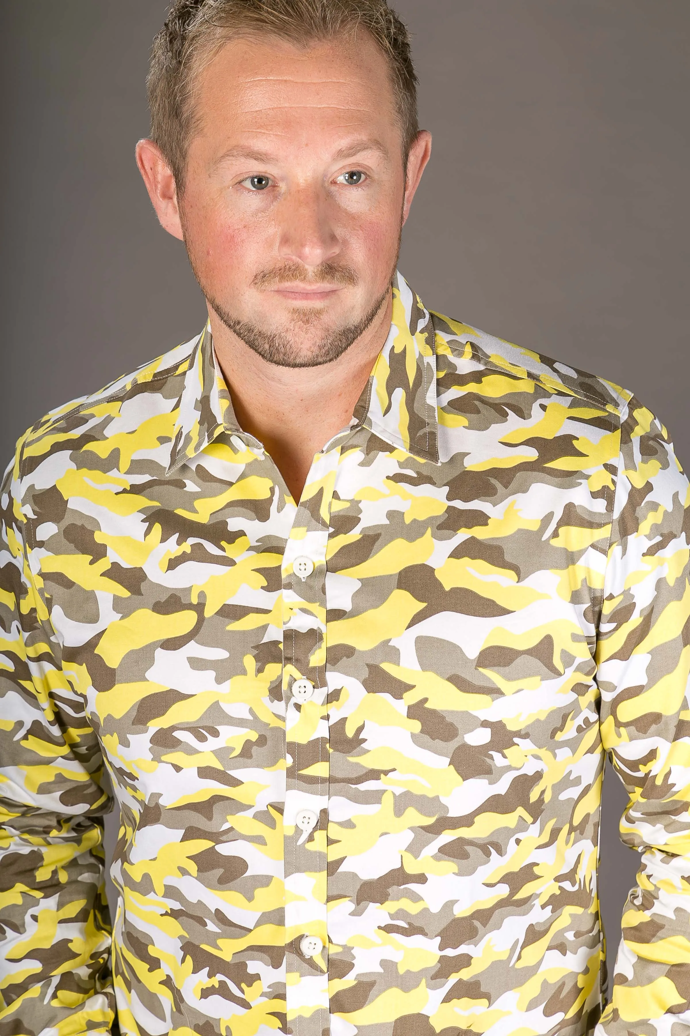 Camouflage Yellow Print Cotton Slim Fit Mens Shirt Long Sleeve