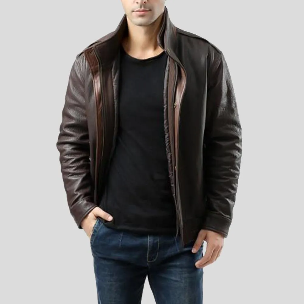 Chek Brown Bomber Leather Jacket