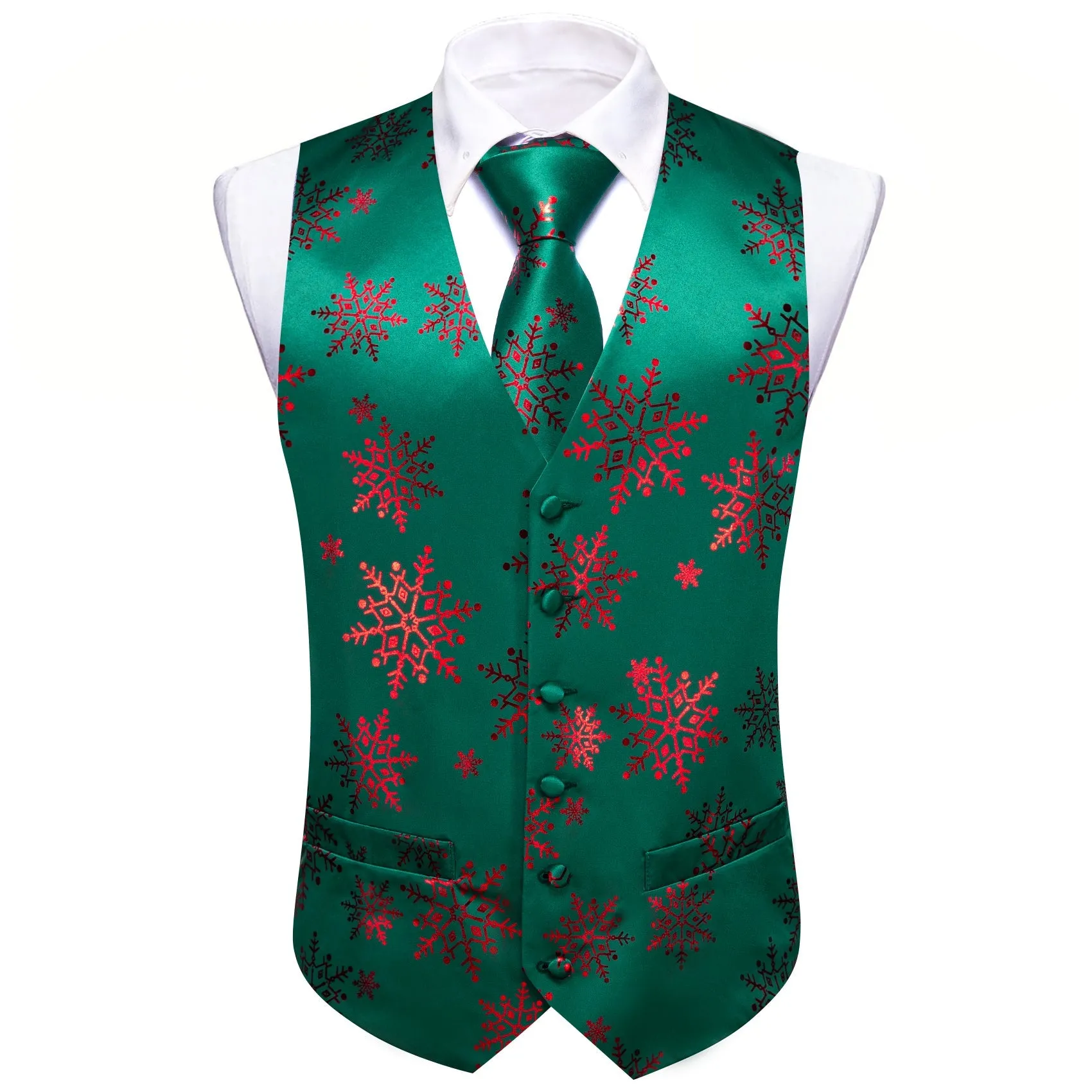 Christmas DarkGreen Red Snowflake Silk Men's Vest Hanky Cufflinks Tie Set