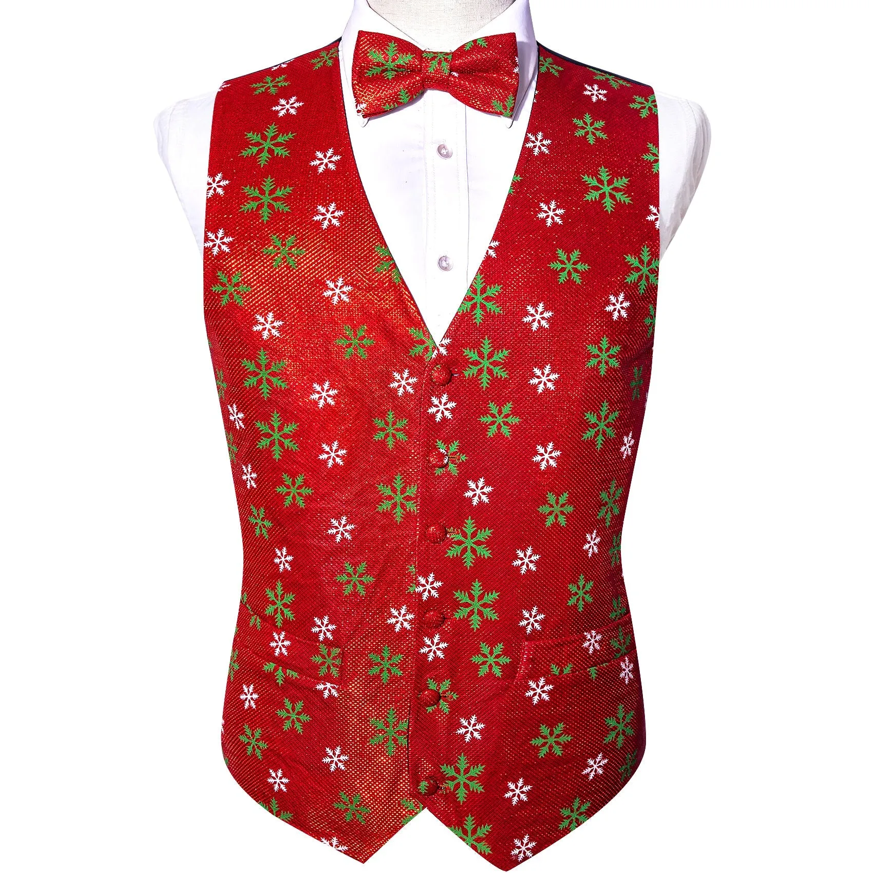 Christmas Red Green Snow Floral Jacquard Silk Men's Vest Bow Tie Set Waistcoat Suit Set